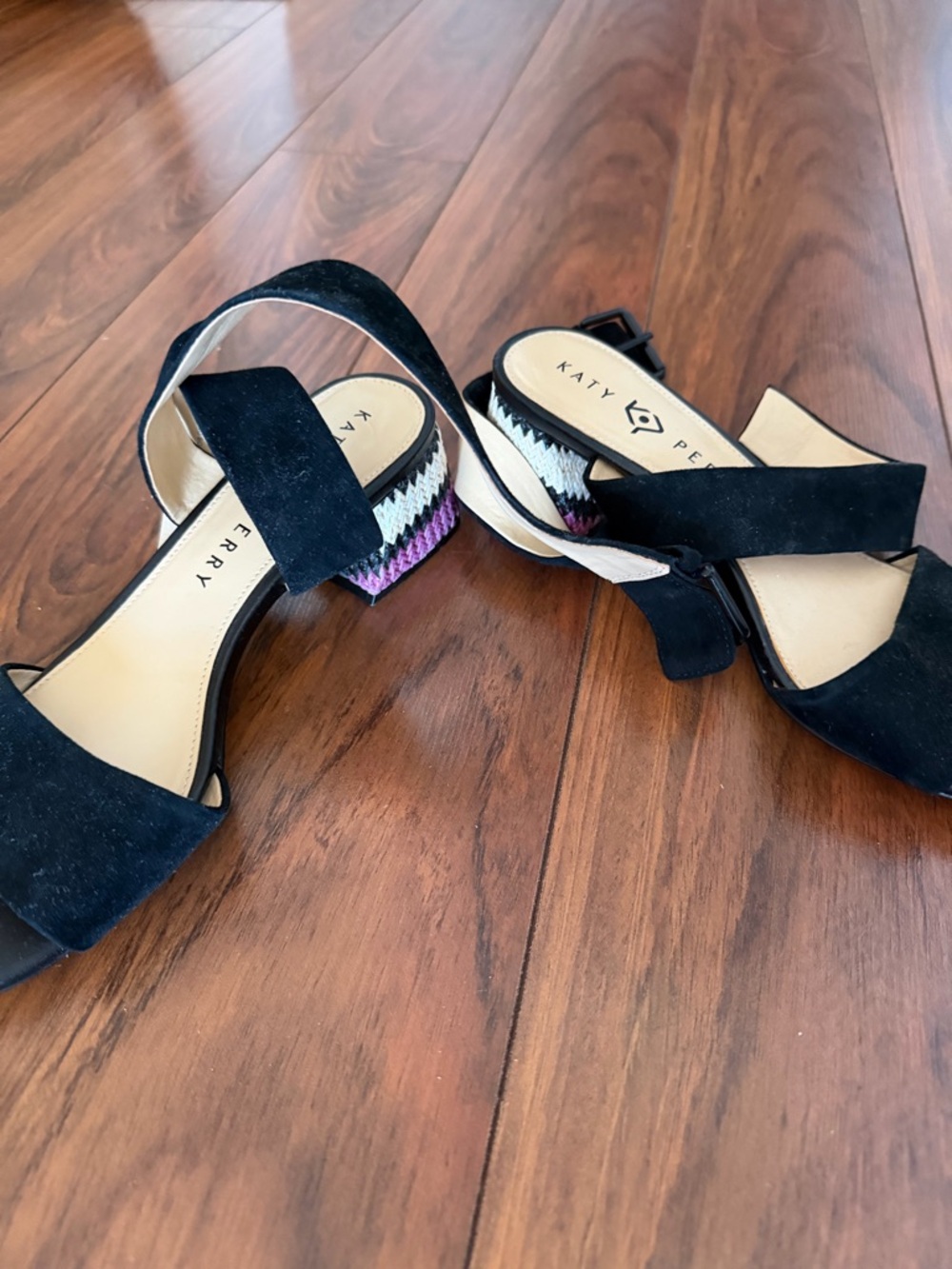 Katy Perry Collections Black Strap Wedge Sandals with Pink Chevron Heel 7.5 - Picture 3 of 5